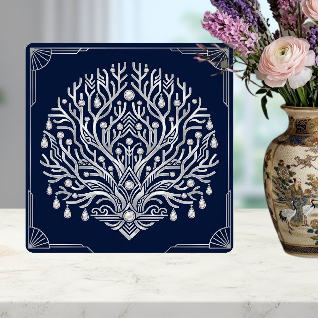 Art Deco Silver Tree Pearls Navy Marine Tile (Creator Uploaded)