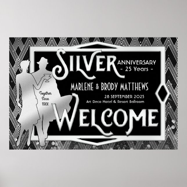 Art Deco Silver Wedding Anniversary Party Welcome Poster (Front)