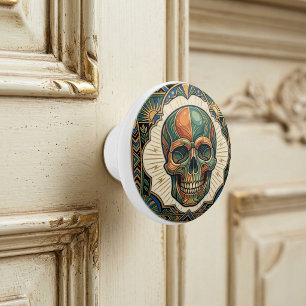 Art Deco Skull Emerald Green Orange Gold Ceramic  Knob