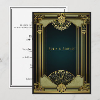 Art Deco Sophisticated Gold, Black & Sage Green Invitation
