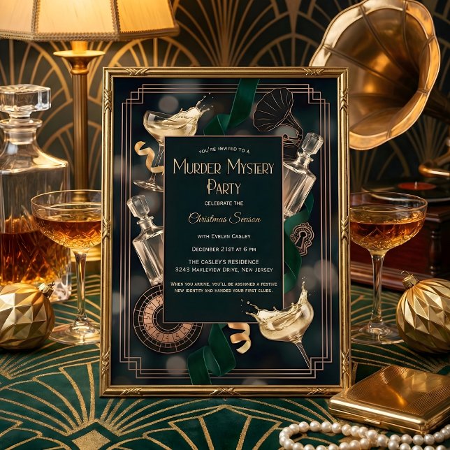 Art Deco Speakeasy Murder Mystery Christmas Party Invitation (Speakeasy Murder Mystery Christmas Party – Art Deco Black & Gold, Champagne, Personalized)