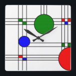 Art Deco  Square Wall Clock<br><div class="desc">This wall clock has an art deco stained-glass window design of black lines and red,  blue,  and green squares and circles.</div>