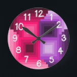 Art Deco Squares  Round Clock<br><div class="desc">This wall clock has an art deco design of squares in pink and purple with each layer overlapping the layer before it.</div>