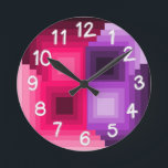 Art Deco Squares  Round Clock<br><div class="desc">This wall clock has an art deco design of squares in pink and purple with each layer overlapping the layer before it.</div>