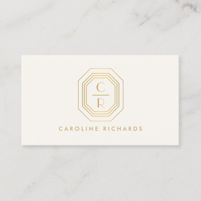 Art Deco Stacked Monogram Logo Gold/Ivory Business Card (Front)