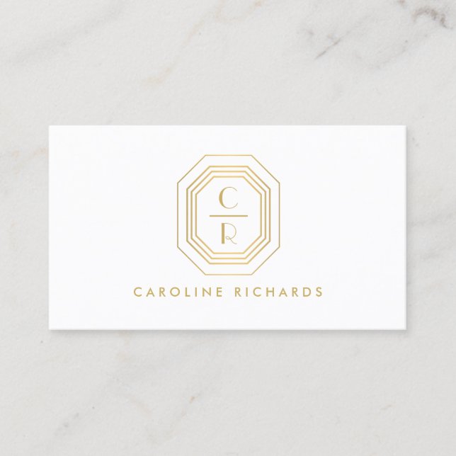 Art Deco Stacked Monogram Logo Gold/White Business Card (Front)