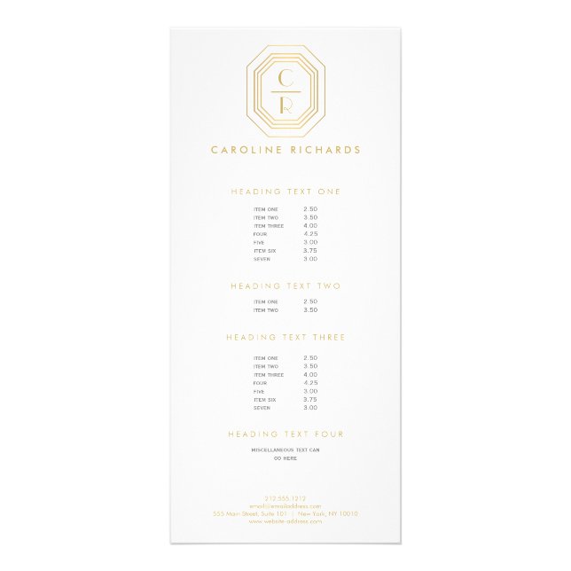 Art Deco Stacked Monogram Logo Gold/White Rack Card (Front)