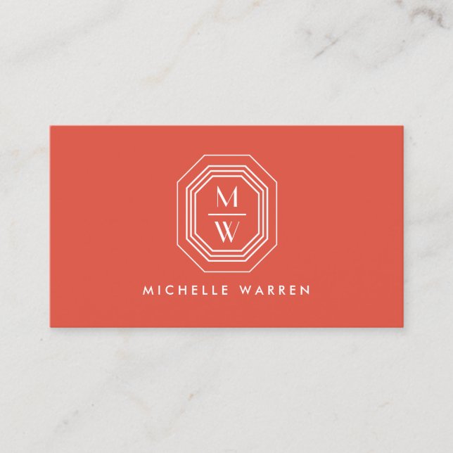 Art Deco Stacked Monogram Logo on Coral Business Card (Front)