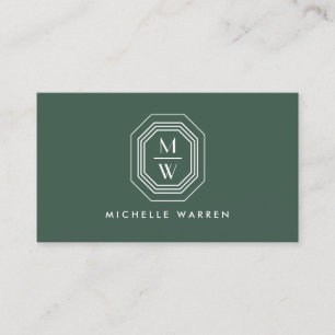 Art Deco Stacked Monogram Logo on Forest Green Business Card