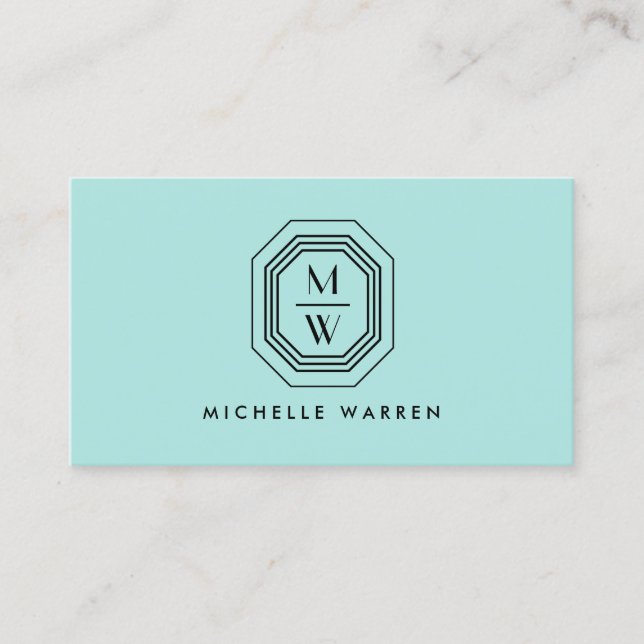 Art Deco Stacked Monogram Logo on Mint Blue/Green Business Card (Front)