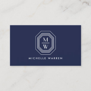 Art Deco Stacked Monogram Logo on Navy Blue Business Card