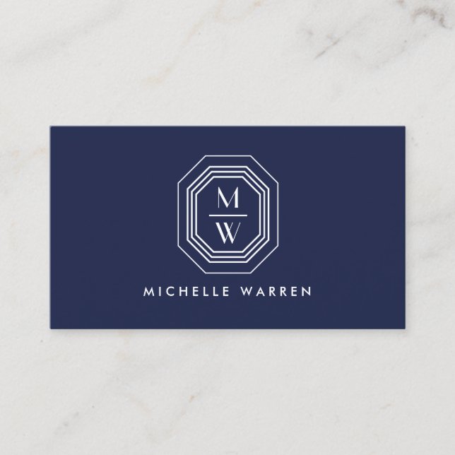 Art Deco Stacked Monogram Logo on Navy Blue Business Card (Front)
