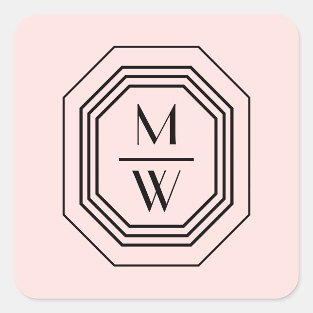 Art Deco Stacked Monogram Logo on Pink Square Sticker (Front)