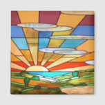 Art Deco Stained Glass 1 Magnet<br><div class="desc">Square magnet with an image of colourful Art Deco stained glass; a landscape scene of rolling hills,  a lake or ocean,  trees and a rising sun. See the entire Roaring 20s Magnet collection in the SPECIAL TOUCHES | Party Favours section.</div>