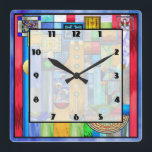 Art Deco Stained Glass 1 Square Wall Clock<br><div class="desc">10.75” x 10.75” acrylic wall clock with an image of a stained glass artwork with Art Deco flair,  reminiscent of certain 1920s works. Easy-to-read clock face on white transparent square with thin black border. See the entire This & That Clock collection in the HOME section.</div>