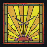 Art Deco Stained Glass 3 Square Wall Clock<br><div class="desc">10.75” x 10.75” acrylic wall clock with an Art Deco stained glass image of a sunrise. Black orbs mark the 12,  3,  6,  and 9 positions. See the entire Roaring 20s Clock collection in the DECOR | Clocks section.</div>