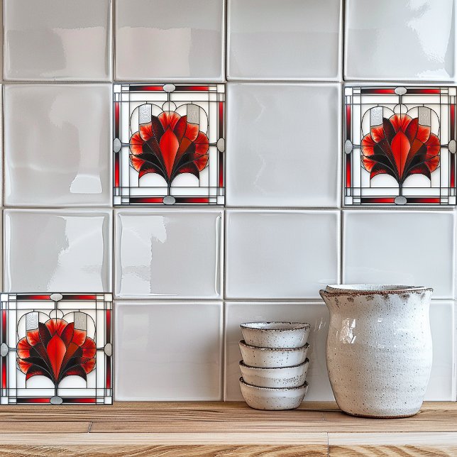 Art Deco Stained Glass Floral Red Black White Tile (Creator Uploaded)