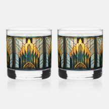 Art Deco Stained Glass in Gold Green Black