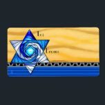 Art Deco Stained Glass Magen David To-From<br><div class="desc">Large Self-Stick to/from labels features Jewbilee's original digital painting of an Art Deco inspired stained glass Star of David in varying shades of royal blue floating above a 3 layered background of deep yellow waves,  silver on black greek key,  and royal blue horizontal stripes.</div>