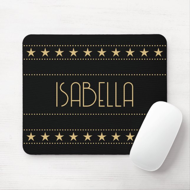 Art Deco Star Custom Name Black Gold Mouse Mat (With Mouse)