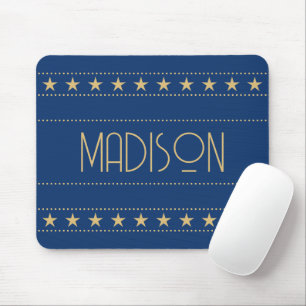 Art Deco Star Custom Name Blue Gold Mouse Mat