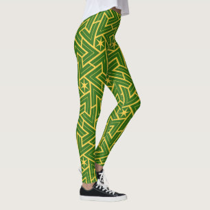 Art Deco Star Triangle Pattern - Green and Gold Leggings