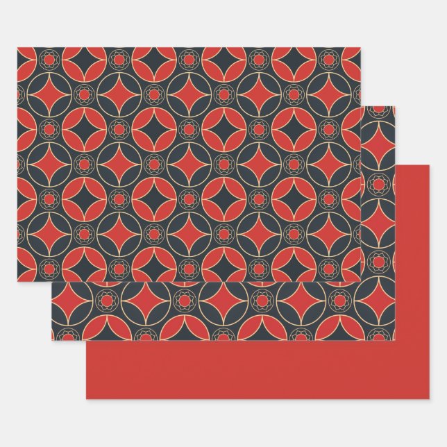 art deco stars in red and black  wrapping paper sheet (Set)