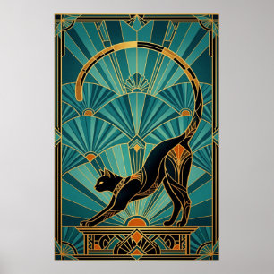 Art Deco Stretching Black Cat Wall Art