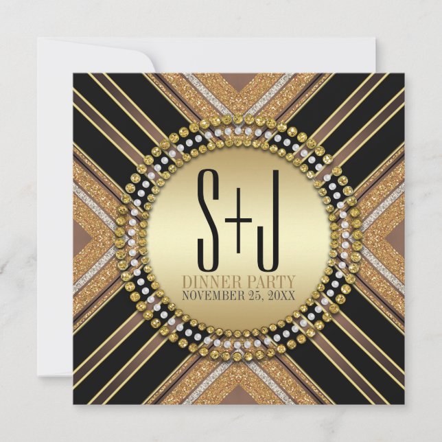 Art Deco Style Black Gold Dinner Party Invitation (Front)