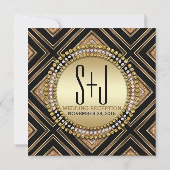Art Deco Style Black Gold Wedding Reception Invite (Front)