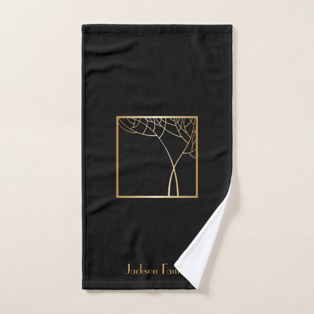 Art deco style faux gold trees on black name bath towel set (Hand Towel)
