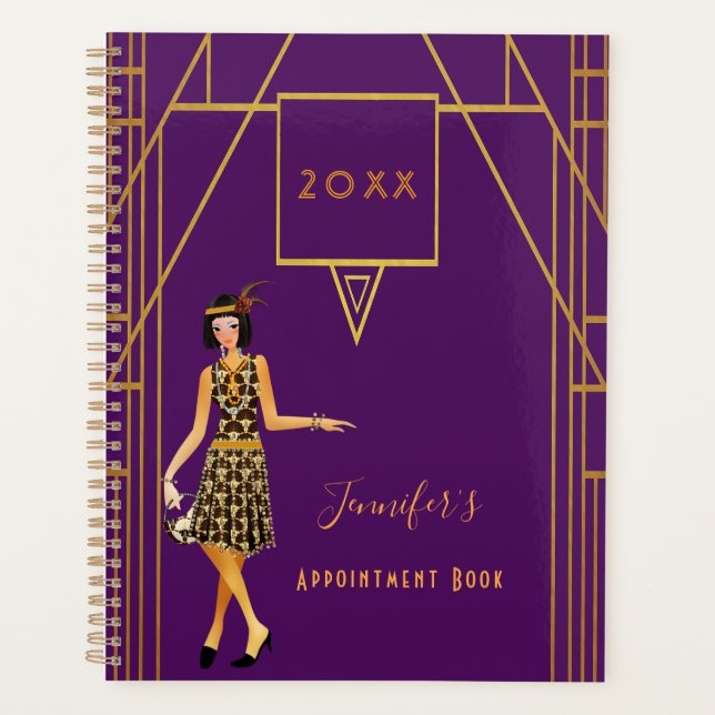 Art deco style flapper girl purple gold 2025 planner (Front)