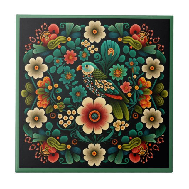 Art deco style flower pattern bird ceramic tile (Front)