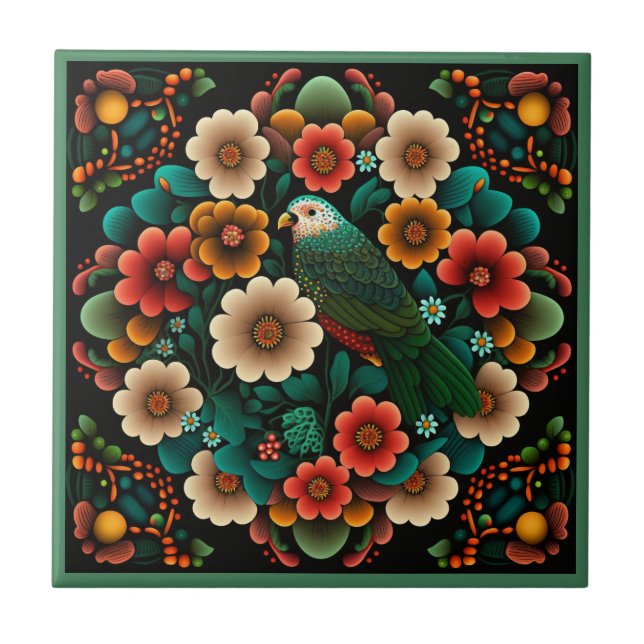 Art deco style flower pattern bird ceramic tile (Front)