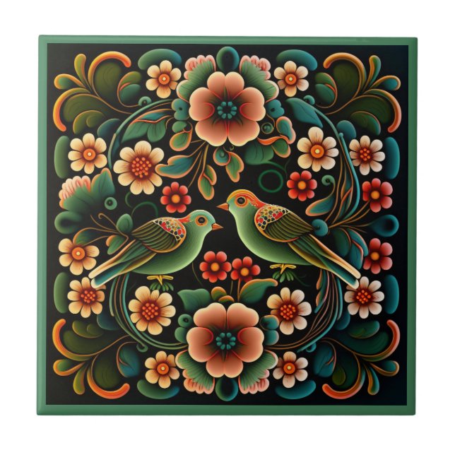 Art deco style flower pattern bird ceramic tile (Front)