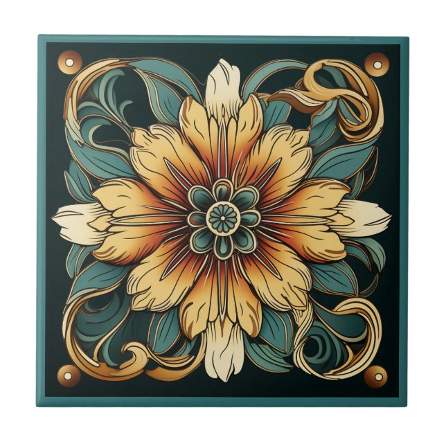 Art deco style flower pattern ceramic tile (Front)