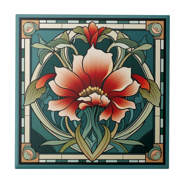 Art deco style flower pattern ceramic tile (Front)