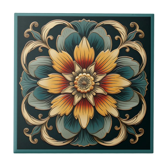 Art deco style flower pattern ceramic tile (Front)