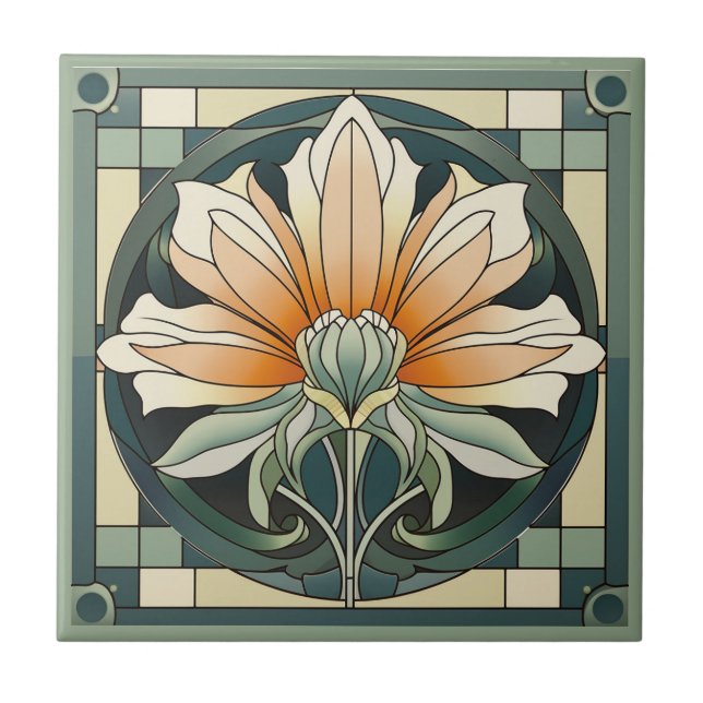 Art deco style flower pattern ceramic tile (Front)