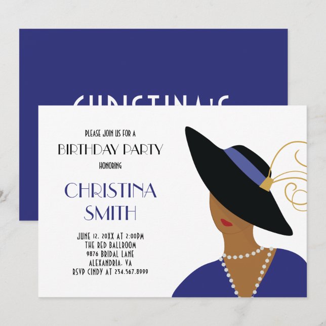 Art Deco Style Girl in Black Hat Birthday Party Invitation (Front/Back)