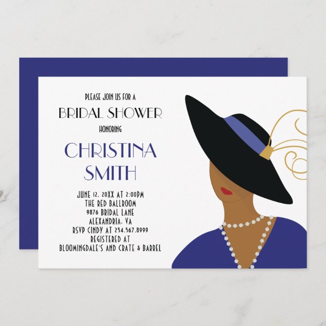 Art Deco Style Girl in Black Hat Bridal Shower Invitation (Front/Back)