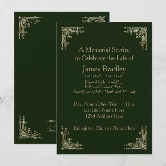 Art Deco Style Green Memorial Service Invitation (Front/Back)
