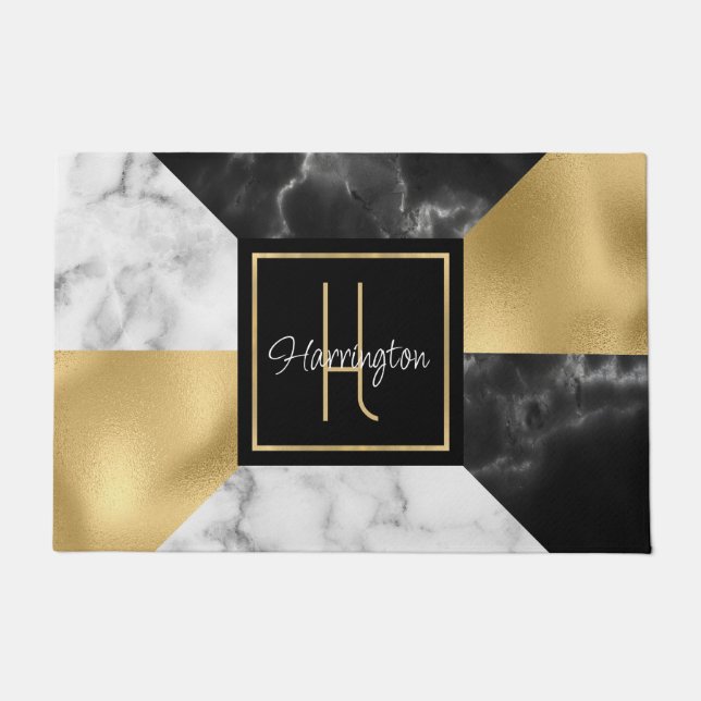 Art Deco Style Marble and Gold Monogrammed  Doormat (Front)
