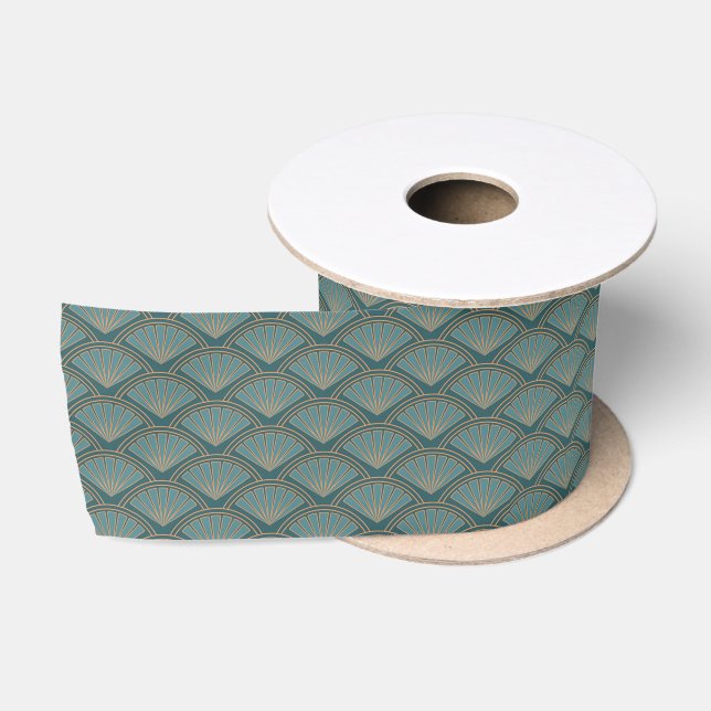 Art Deco style pattern in teal blue colour Satin Ribbon (Spool)