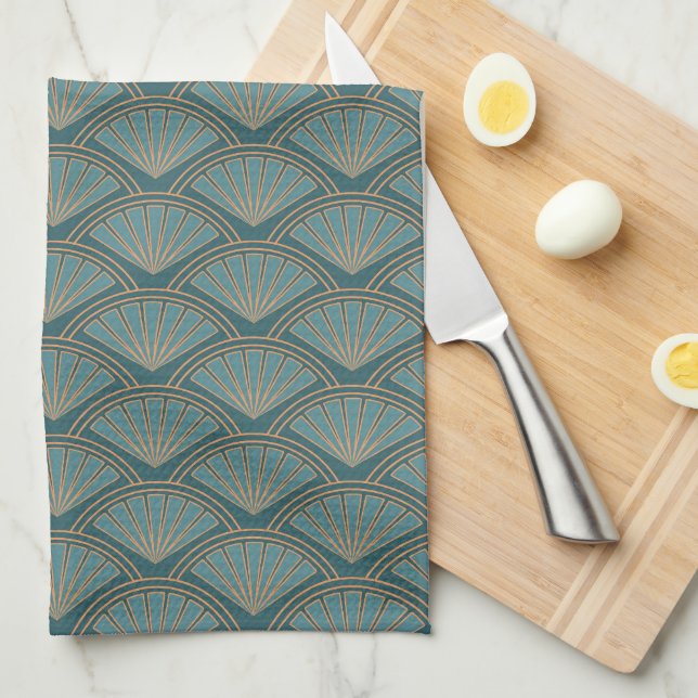 Art Deco style pattern in teal blue colour Tea Towel (Quarter Fold)