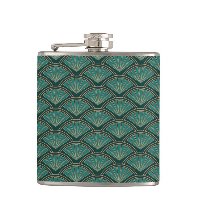 Art Deco style pattern in teal green colour Hip Flask (Front)