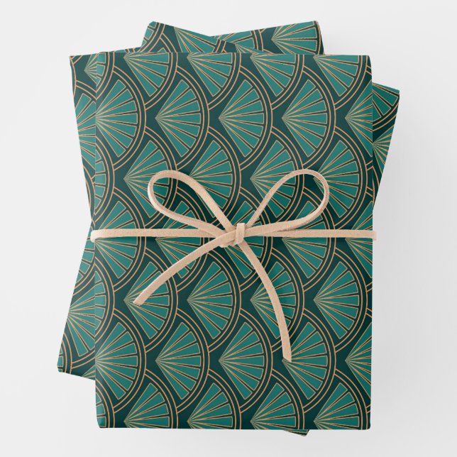 Art Deco style pattern in teal green colour Wrapping Paper Sheet (In situ)