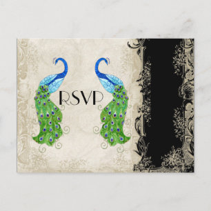 Art Deco Style Peacock Black n Cream Vintage Lace Invitation Postcard