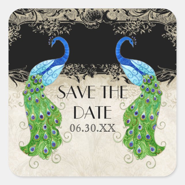 Art Deco Style Peacock Black Save the Date Seal (Front)