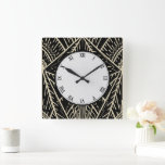 Art Deco Style Sketch in Black and Gold Square Wall Clock<br><div class="desc">black, art deco, geometric, abstract pattern, modern, straight lines line art, retro 1920s vintage classic, gold, art nouveau, sketchy</div>